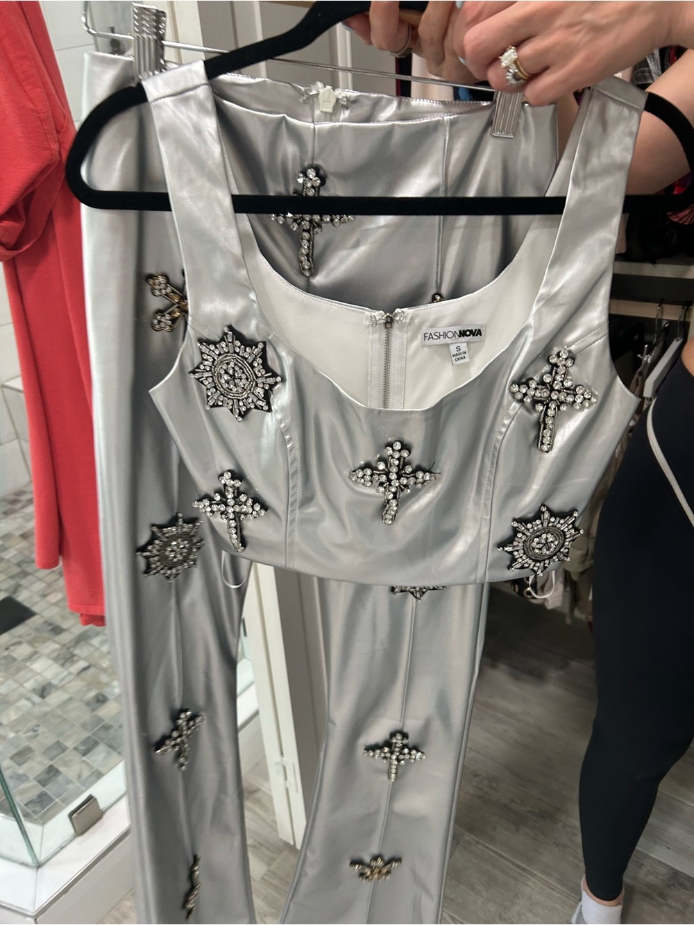 Fashion Nova Silver Embellished Satin Crop Top & Pants Set